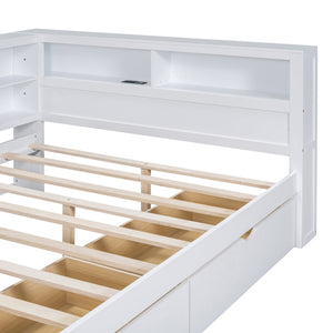 English Elm Wooden Full Size DayBed with Trundle, Pine Frame, Dual Storage Shelf and Built-in USB Charging Ports White 57.7 L x 16.25 W x 6.7 H N733S347772K