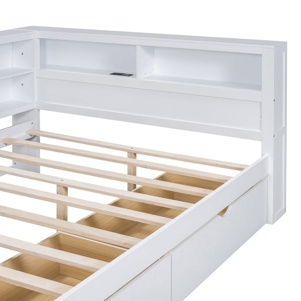 English Elm Wooden Full Size DayBed with Trundle, Pine Frame, Dual Storage Shelf and Built-in USB Charging Ports White 57.7 L x 16.25 W x 6.7 H N733S347772K
