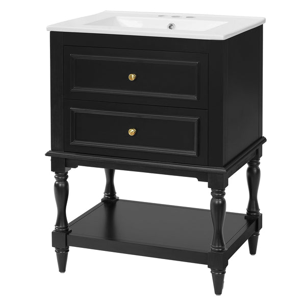 English Elm 24'' Retro Bathroom Vanity Mdf Cabinet with Ceramic Sink Open Shelf and 2 Drawers Black N710P405414B