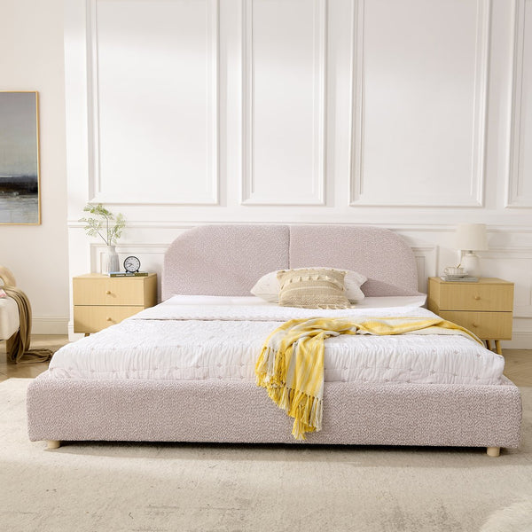 English Elm Queen Upholstered Bed with Tall Curved Headboard Soft Textured Fabric Modern Bedroom Pink W487S00484