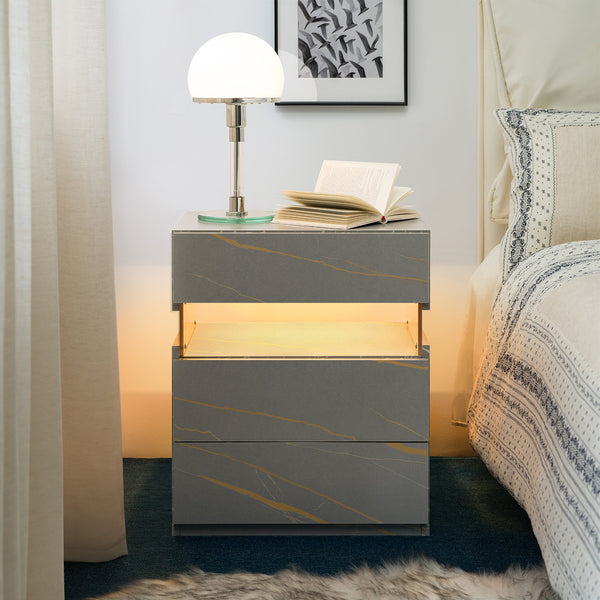 English Elm Led Nightstand with Rgb Acrylic Glow Panel Three Drawers Walnut Bedroom Table Grey+Gold W2178P412302