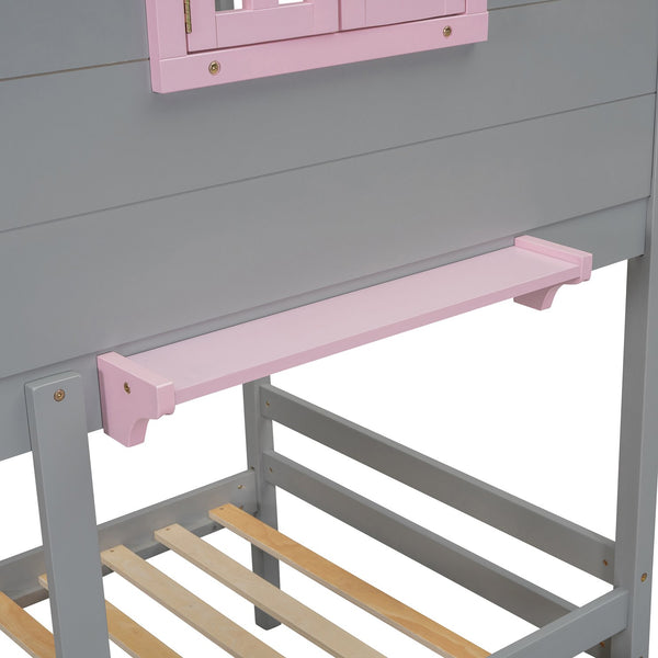 English Elm Twin Playhouse Bunk Bed Pinewood Frame with Pitched Roof Window Shelf and Storage Drawers Gray LT001608AAE-1