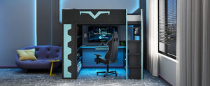 English Elm Full Size Gaming Loft Bed with Desk Rgb Lighting Power Outlet and Storage Drawer Blue LT000285AAC