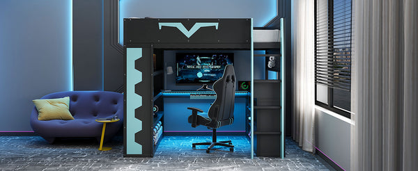 English Elm Full Size Gaming Loft Bed with Desk Rgb Lighting Power Outlet and Storage Drawer Blue LT000285AAC