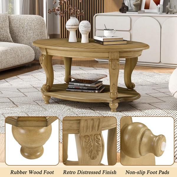 English Elm 42'' Oval Two-tier Wood Cocktail Table with Carved Floral Detail and Open Shelf W1202P318405