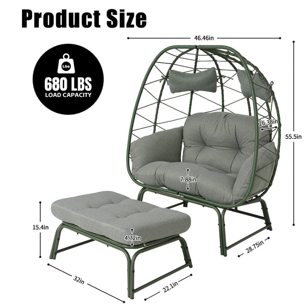 English Elm Double Egg Chair Wicker Outdoor Lounge Set with Ottoman and Weather Resistant Cushions T5880P501484