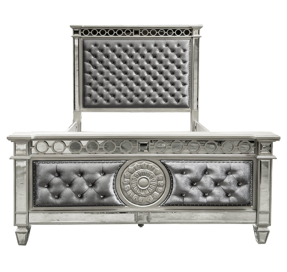 English Elm Varian Gray Velvet Mirrored Queen Bed with Crystal Button Tufting, Geometric Trim & Sunburst Accents B2726S00498