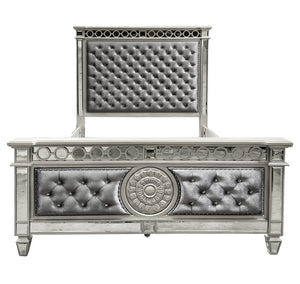 English Elm Varian Gray Velvet Mirrored Queen Bed with Crystal Button Tufting, Geometric Trim & Sunburst Accents B2726S00498