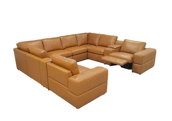 English Elm Premium Leather Match L-shaped Sectional with Dual Recliners and Built-in Console Ginger B2748S00156