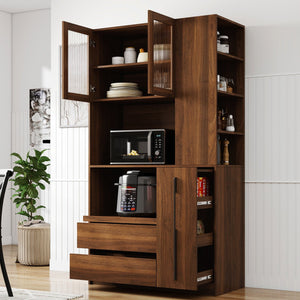 English Elm 70.87"h Tall Storage Cabinet Glass Panel Doors Asymmetric Drawers Modern Hallway Organizer W331S00213