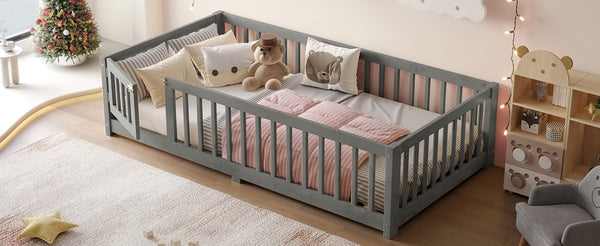 English Elm Twin Floor Bed Solid Pine Frame with Guardrails and Door for Safe Kid Sleep W1580P433575