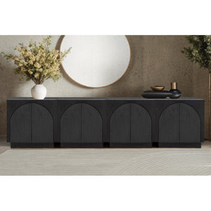 English Elm Mid-Century wooden sideboard buffet with arched doors and rounded edges, spacious storage, durable craftsmanship nurturing warmth Black 33 L x 19 W x 29 H B011P367183