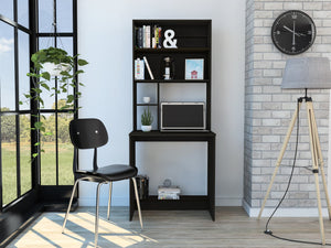 English Elm Sawgrass Black Writing Computer Desk with Hutch, Four Shelves, Two Drawers – Compact Modern Ergonomic Design for Small Spaces B128P148805