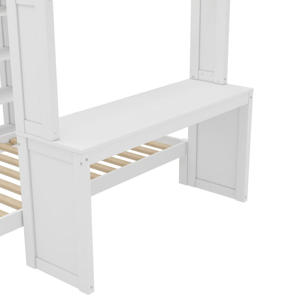 English Elm Queen Multifunctional Solid Wood Bunk Bed With Desk, Dismountable Twin Bed, Shelves & Wardrobe W1580S00214-GIGA