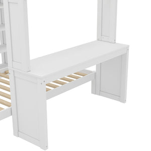 English Elm Queen Multifunctional Solid Wood Bunk Bed With Desk, Dismountable Twin Bed, Shelves & Wardrobe W1580S00214-GIGA
