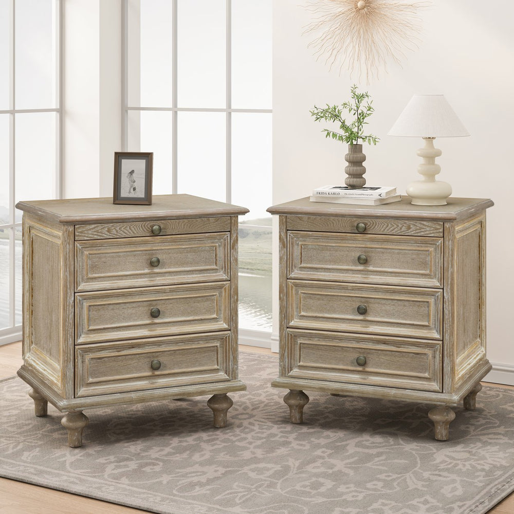 English Elm Farmhouse Nightstand Pine Wood Four Drawer Storage with Pull Out Tray Gourd Legs Natural+White W1716P399642