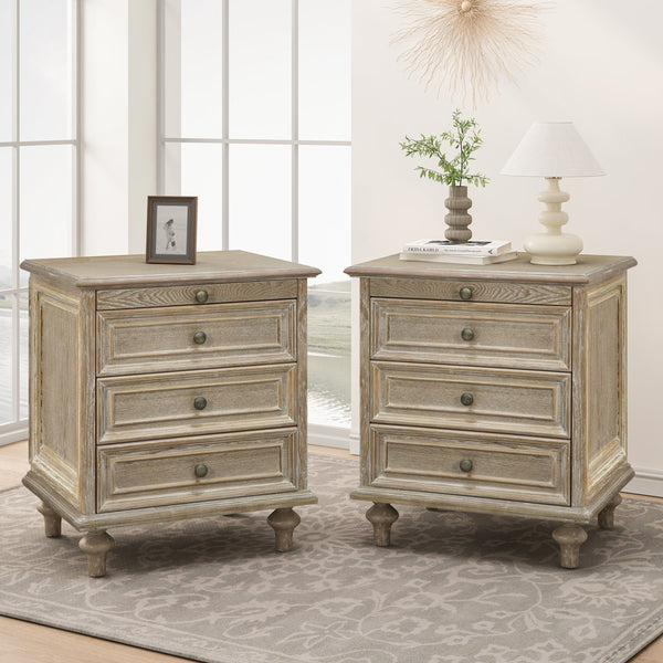 English Elm Farmhouse Nightstand Pine Wood Four Drawer Storage with Pull Out Tray Gourd Legs Natural+White W1716P399642