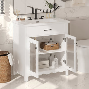 English Elm Christopher Knight Home® - 30 Inches Bathroom Vanity With Tempered Glass Doors, Space-Saving Design, White Rubber Wood Style N817P299499W
