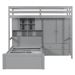 English Elm Twin Bunk Bed with Wardrobe Drawers Hydraulic Lift Shelves Kids Storage Gray LT000666AAE-1