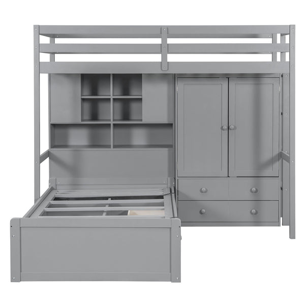 English Elm Twin Bunk Bed with Wardrobe Drawers Hydraulic Lift Shelves Kids Storage Gray LT000666AAE-1