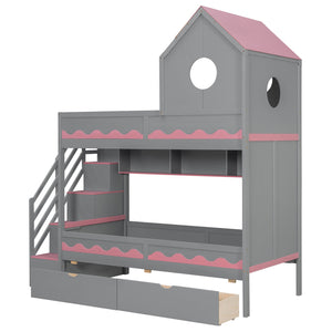 English Elm Twin Over Kids Bunk Bed with Castle Roofline Led Lights and Staircase Storage Gray N820S00068E