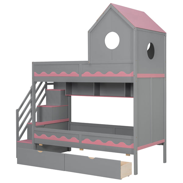 English Elm Twin Over Kids Bunk Bed with Castle Roofline Led Lights and Staircase Storage Gray N820S00068E