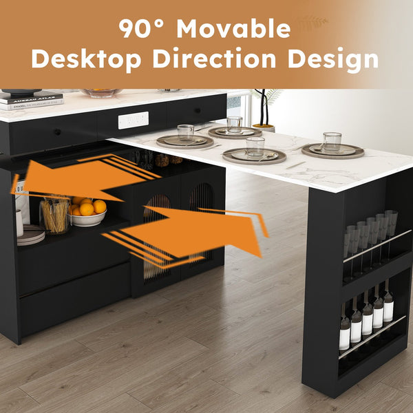 English Elm Kitchen Island Marble Veneer Retro Style Rotating Expandable Top Built-in Outlets Mdf Black W2700S00119