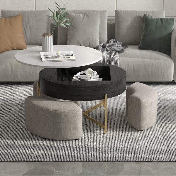 English Elm Vita Modern 31.5" Round Lift-Top Coffee Table Set with Iron Legs and Storage Shelves, Stylish Black,Light beige B341S00043