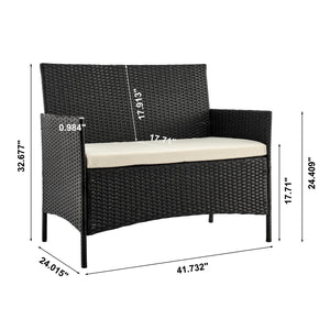 English Elm Imperia 3-Piece Conversation Set with Removable Washable Cushions, Tempered Glass End Table, Weatherproof Rattan Frame Black+Cream B365P398243