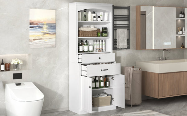 English Elm White Bathroom Storage Cabinet with Zinc Alloy Knobs, Adjustable Shelves, Smooth Drawers & Open Shelves for Organized, Durable MDF Storage (78.7" H) N725P252486K