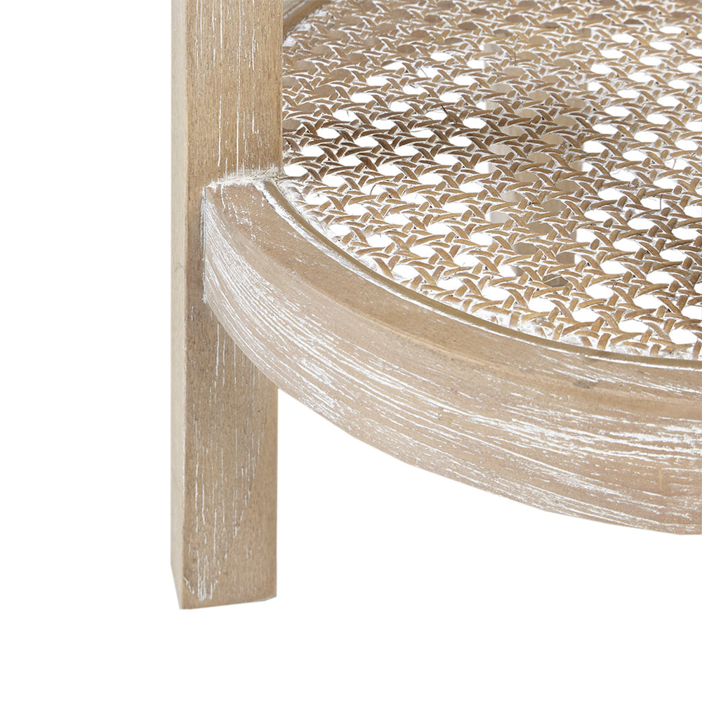 JLA Home Martha Stewart - Round Accent Table — Martha Stewart Bedford 15" Dia x 28" Farmhouse Ash Veneer with Rattan Shelf, Reclaimed Wheat Finish MT120-0024