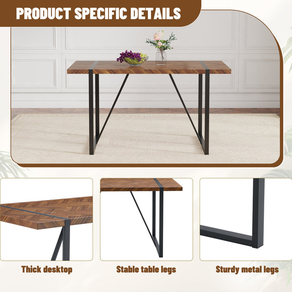 English Elm Table and Chair Set Fishbone Mdf Top with Six Brown Upholstered Seats for Dining W1151S03139