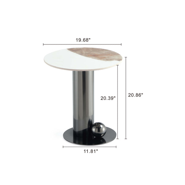 English Elm Laurel Sintered Stone Top End Table in Black — 19.7" Round Top, Stainless Steel Base, Contemporary Design B365S00103