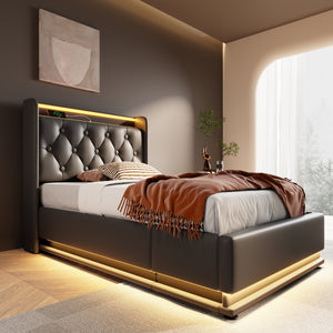 English Elm Twin Upholstered Bed with Hydraulic Storage, Surround LED, App/Remote Control & USB Type-C Charging Black N736P188805B