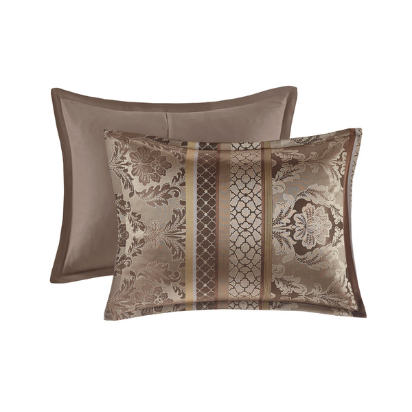 English Elm 7 Piece Jacquard Comforter Set - Luxurious Brown/Gold King Bedding With Decorative Pillows & Shams B03597001