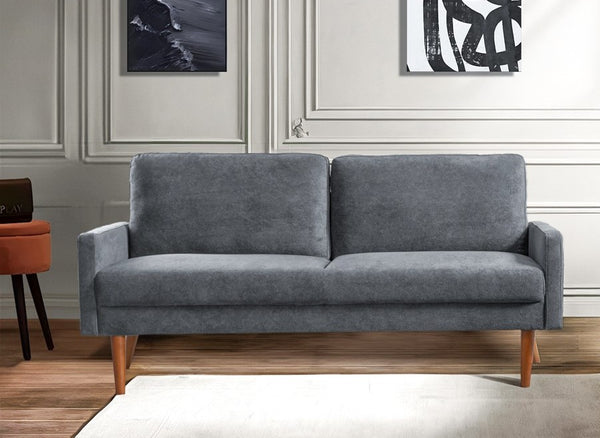 English Elm Velvet Upholstered Three Seat Sofa with Tapered Rubberwood Legs Mid Century European Style Grey B2735P291967