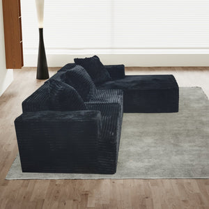 English Elm Compression Sectional Couch Plush Corduroy Chaise L-Shape Sleeper, Deep Seat Modular Sofa Black W3341P346292