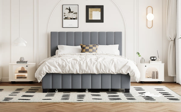 English Elm Queen Tufted Velvet Platform Bed with Storage Drawers and Pull Out Trundle Gray LP000714AAE-1