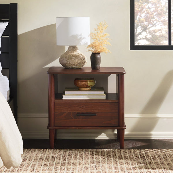 English Elm Walker Edison - Transitional Solid Pine Spindle Nightstand with Drawer and Open Cubby, Minimalist Handles, Low-Profile Walnut 26 L x 18.75 W x 5.5 H B185P168939