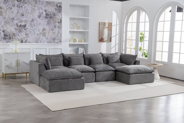 English Elm 129.8" Wide Modular Cloud Sectional Cotton Linen Sofa with Deep Foam Seats and Ottomans Antique Grey W2530S00015
