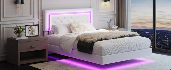 English Elm Queen Platform Bed Pu Leather Tufted Headboard Rgb Led Floating Frame Modern W3107P419174