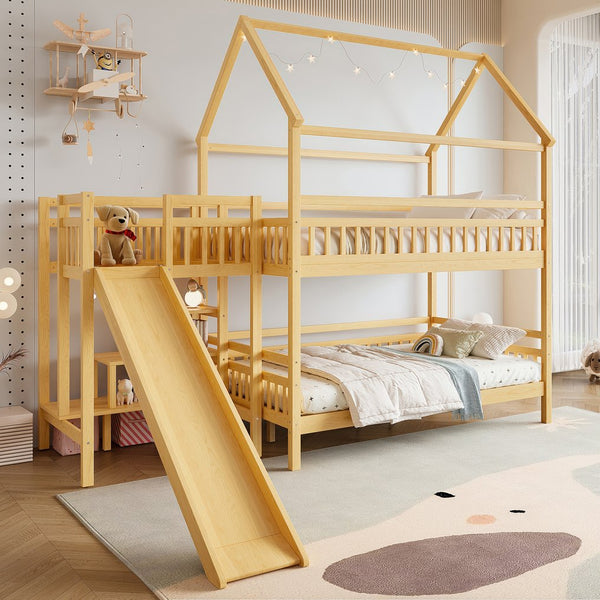 English Elm Full Bunk Bed with Trundle Bookshelf Storage Pine Frame Car Design for Kids Natural W1580S00303