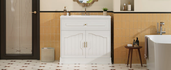English Elm 36" Luxurious Bathroom Vanity with Ceramic Sink and Soft-Close Doors, Solid Wood Frame, Adjustable Shelves White N710P288944K