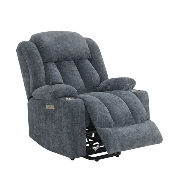 English Elm Omarion Blue Chenille Power Recliner with Lift, Heated Massage, USB, Cup Holders & Space-Saving Design B2726P245482