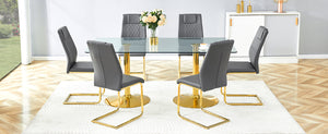 English Elm Scalable Extendable Dining Set with Wood Grain Table and Gray Linen Chairs 8 Piece Dark Gray,Gold,Transparent W1151S04562