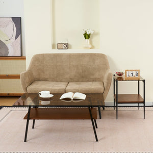 English Elm Rectangle Coffee Table – Modern Brown Tempered Glass With Sturdy Black Metal Legs For Living Rooms W241126036-GIGA