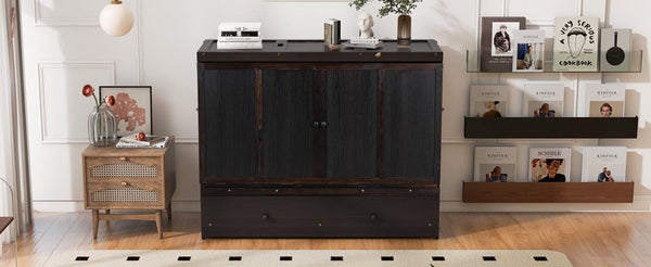 English Elm Queen Murphy Wall Bed with Pull Out Drawer and Built in Usb Charging Cabinet Espresso N708P205905P