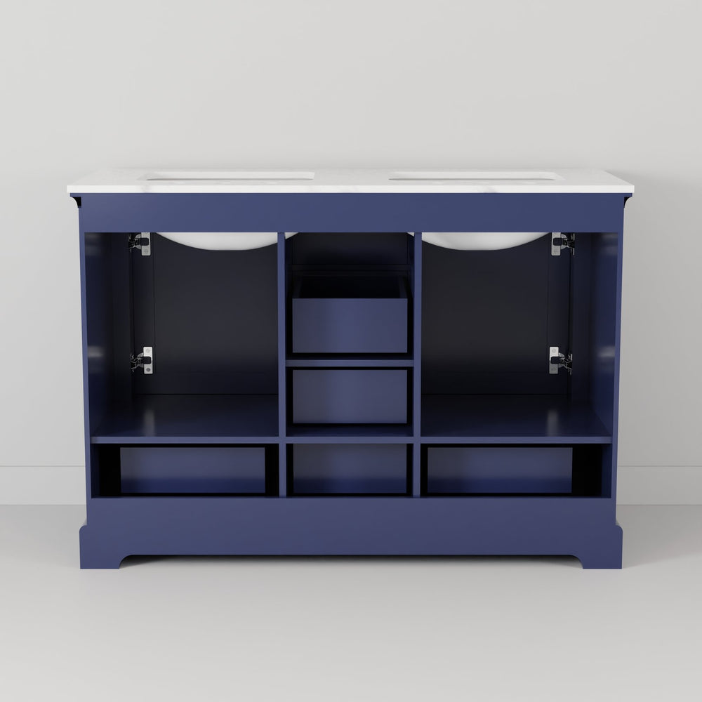 English Elm Navy Double Bath Vanity 48" W x 22" D with White Quartz, Chrome Faucet, 46" Mirror, Scratch-Resistant Finish B2731S00978
