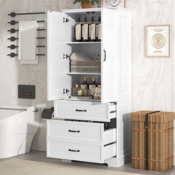 English Elm Tall Bathroom Storage Cabinet - Modern White Design With Adjustable Shelves, Drawers & Doors! N725P206123K-GIGA