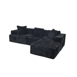 English Elm Compression Sectional Couch Plush Corduroy Chaise L-Shape Sleeper, Deep Seat Modular Sofa Black W3341P346292